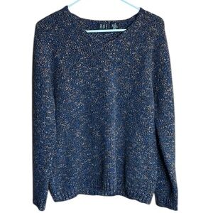 ROE Women's Blue & Brown Chunky Knit Pullover V-Neck Sweater
